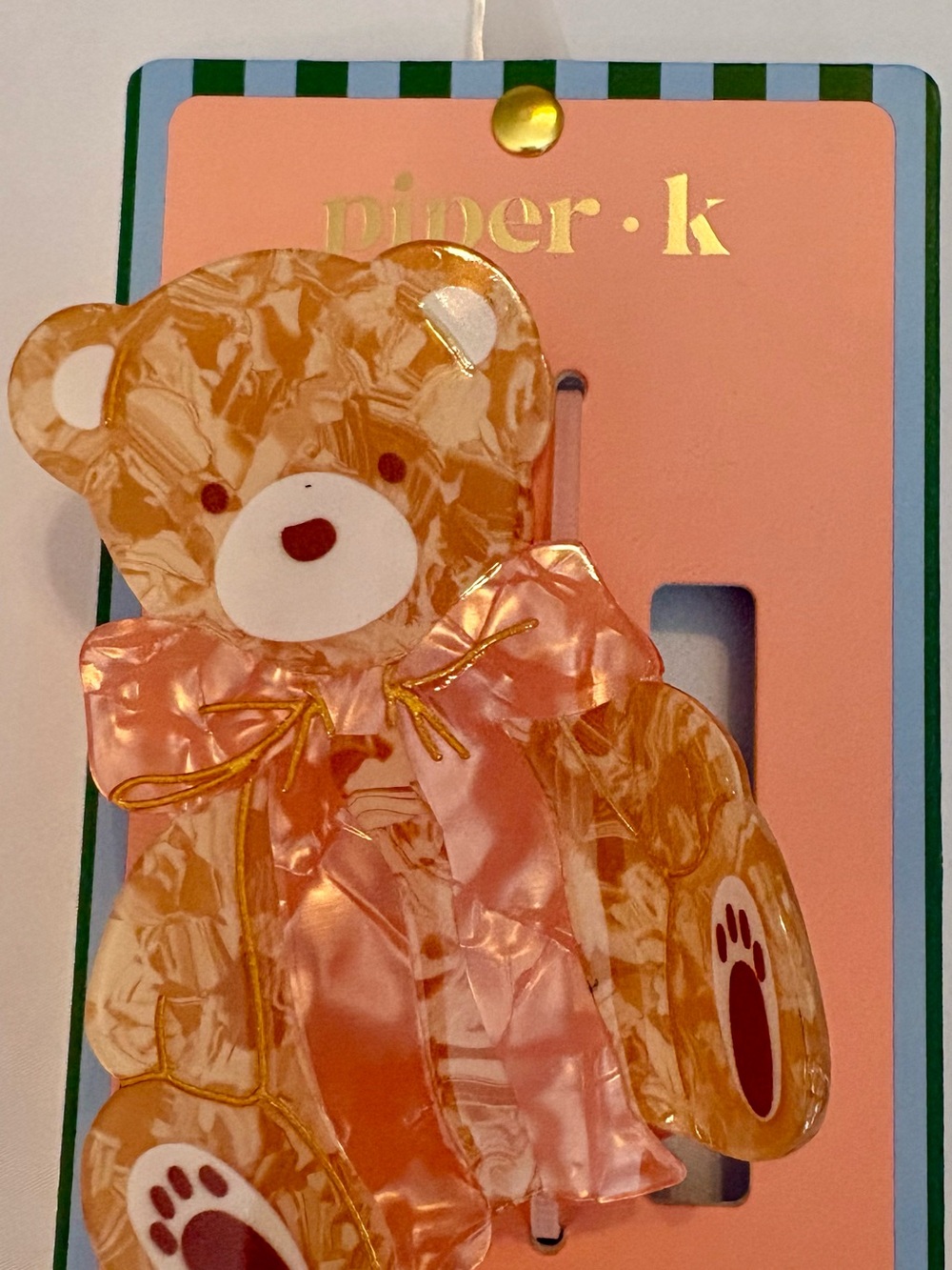 Piper K Teddy Bear Tan Pink Marbled Bow Hair Claw Clip Large Viral NEW